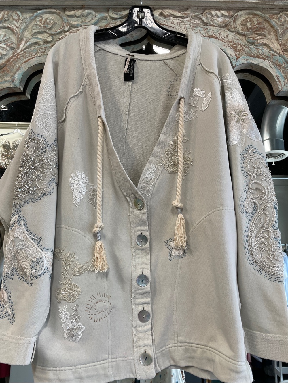 Free People Embroidered Cream Cardigan sweatshirt